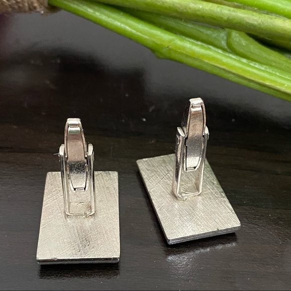 Vintage Foster Pat Pend Square CZ Stone Etched Silver-tone Cufflinks - Picture 5 of 9